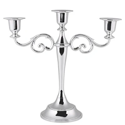 Image of 3 Arms Candlestick Holder, 10in Metal Candle Holder Silver Candelabra Vintage Antique Stand for Wedding Party Home Decor