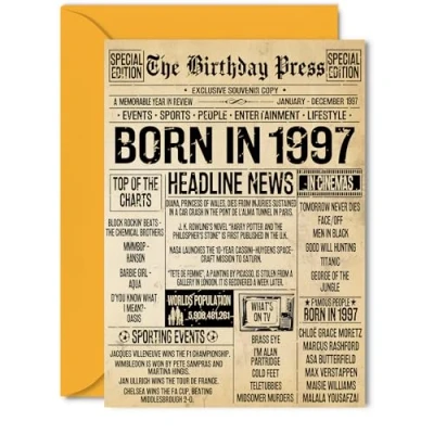 Image of 28th Birthday Card for Women Men Bday Press Newspaper 1997 Happy 28 Cards Uncle Cousin Son Neighbour Colleague Auntie, 5x7 Inch Greeting