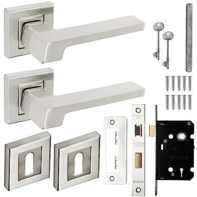Image of Decoranddecor Brushed Chrome Door Handles &amp; Sash Lock Kit Lever On Solid Metal Square Rose