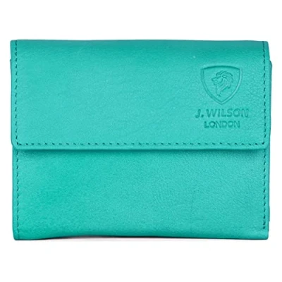Image of J. Wilson London Ladies RFID Safe Designer Leather Purse Card Women Wallet Zip Pocket Boxed (Turquoise)