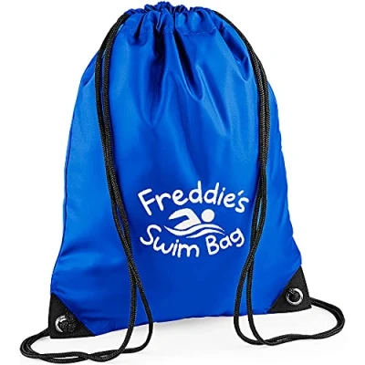 Image of TeddyTs Personalised Swim Design School Sports PE Drawstring Swimming Bag (Royal Blue), 45cm x 33cm