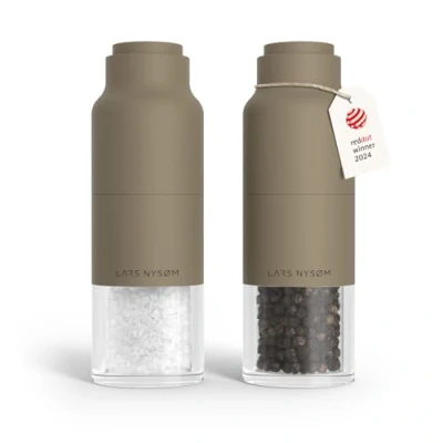 Image of LARS NYSØM Salt and Pepper Grinder Set Stainless Steel with Adjustable I Bottle Design Spice Mills Manual (Taupe Brown)