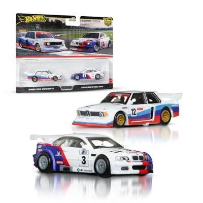 Image of Hot Wheels Premium BMW E46 GTR, Car Culture 2 Pack of 1:64 Scale Vehicles, Unique Pairings, Real Riders Tires, Metal/Metal Chassis, Toy for Collectors, JBK99