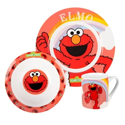 Image of Sesame Street Breakfast Set Elmo Children&#039;s Crockery 3 Piece Porcelain Plate, Bowl &amp; Cup Multicoloured