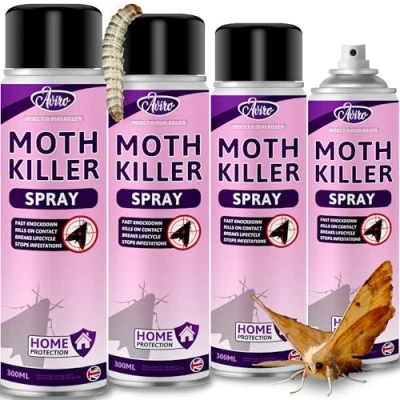 Image of Aviro Moth Killer Spray Fast Acting Repellent for Wardrobes, Fabric &amp; Surfaces. Powerful Carpet Spray, Household Protection Immediate Treatment Ongoing Control (4 x Aerosol)