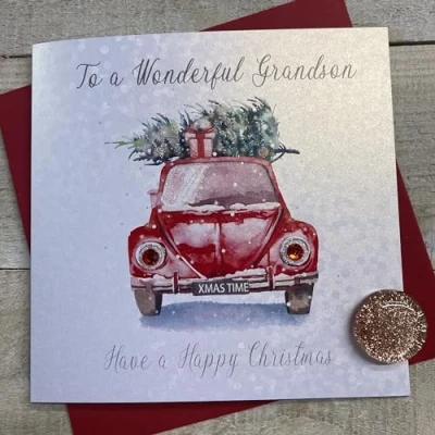 Image of WHITE COTTON CARDS WONDERFUL GRANDSON CAR CARRYING CHRISTMAS TREE CARD, HAND FINISHED (C23 128)