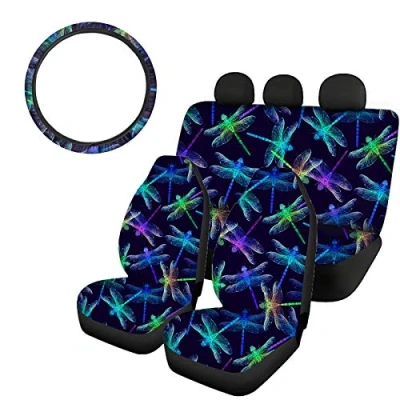 Image of SEANATIVE Car Universal Front&amp;Rear Seat Covers Colorful Dragonfly Print Protector Cushion Pads Elastic Auto Accessories Set with Steering Wheel Wrap,4PCS
