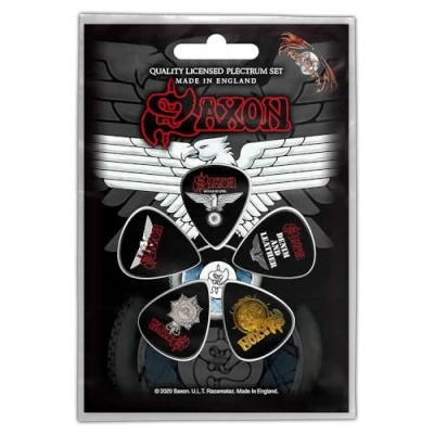 Image of Saxon Guitar Picks Wheels Of Steel Band Logo Official Black 5 pack Plectrum One Size