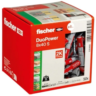 Image of Fischer DuoPower 8 x 40 S, Powerful Universal Plug with Safety Screw, Intelligent 2 Component Technology for fastenings in Concrete, Bricks, Stone, Gypsum plasterboard, etc., 50 Plugs &amp; Screws