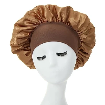 Image of Hair Bonnet for Sleeping, Wide Elastic Band Satin Silk Shower Cap Women Girls Makeup Care Hat Soft Sleep Head Cover Night Curly Protection