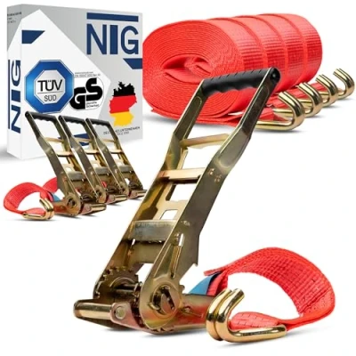 Image of Pack of 8 5000 kg m Lashing Straps with Ergonomic Ratchet and Hook Long Lever 2 Pieces Truck 50 mm TÜV/GS