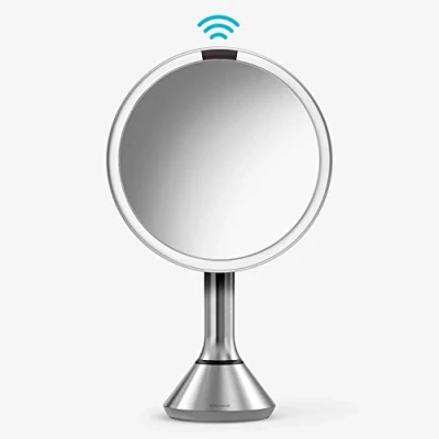 Image of simplehuman ST3052 20cm Sensor Mirror with Touch Control Brightness, Light Up Makeup Magnifying Mirror, 5x Magnification, LED Tru Lux Light, Dual Setting, Rechargeable, Brushed Stainless Steel