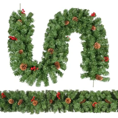Image of Christmas Garland, Uten 2.7m Fireplace with Pine Cones and Red Berries Artificial Wreath Garland for Stairs Door Xmas Tree Decoration