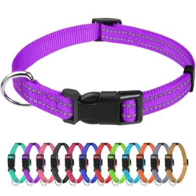 Image of TagME Reflective Nylon Dog Collars, Adjustable Classic Collar with Quick Release Buckle for Puppy, Purple,1.0 cm Width