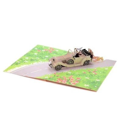 Image of 3D Pop Up Wedding Card, Just Married Handmade Gift, Car, Married, Vintage Card