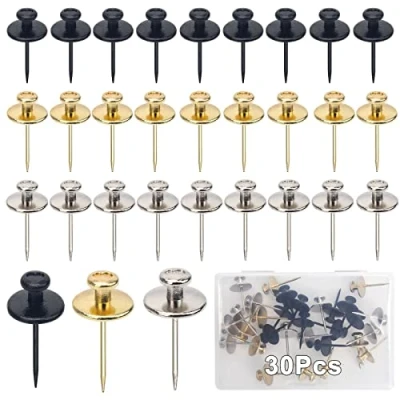 Image of Windspeed 30 Pcs Double Headed Picture Hangers Nails, Fancy Thumb Tacks for Cork Board Decorative Nails Hanging Wall (Black, Gold, Silver)
