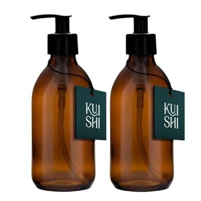 Image of Kuishi Amber Brown Glass Pump Bottle Dispenser, Refillable Soap Dispenser with Black Plastic for Reducing Waste (BPA Free) (250ml x 2) …