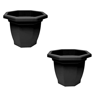 Image of 2 Black Octagonal Plant Pot Plastic Winchester Garden Flower Patio Planter 36cm