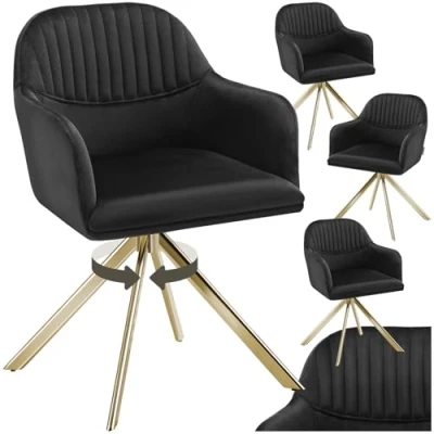 Image of TecTake® Set of 4 Velvet Dining Chairs with 360 Swivel Function, Thickly Padded Armchairs Stable Steel Legs, Non Slip Caps &amp; Quick Assembly Ideal Kitchen, Bedroom Desk Black/Gold