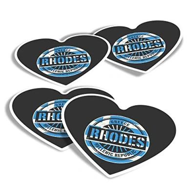 Image of Vinyl Heart Stickers (Set of 4) Rhodes Greece Greek Flag Travel Fun Decals for Laptops,Tablets,Luggage,Scrap Booking,Fridges #6111