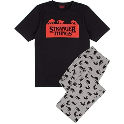 Image of Stranger Things Pyjamas For Men Short OR Long Leg Bottom Options PJs Adult Black T Shirt &amp; Demodog D’Artagnan Lounge Trousers Gifts
