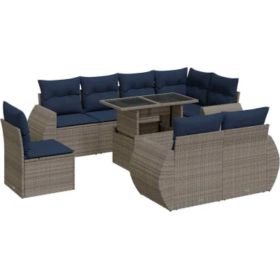 Image of Vidaxl 9 Piece Garden Sofa Set with Cushions Grey Poly Rattan Acacia
