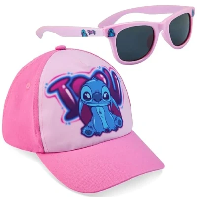Image of Disney Girls Sunglasses and Baseball Cap Set, Adjustable Sun Hat 100% UV Gifts (Pink Stitch)
