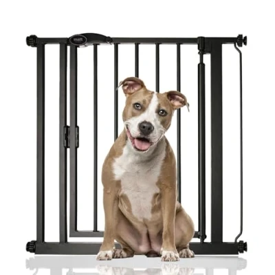 Image of Bettacare Auto Close Pet Gate, 75cm 82cm, Matt Black, Pressure Fit Stair Gate for Dog &amp; Puppy, Safety Barrier Doors Hallways and Spaces, Easy Installation