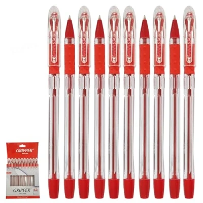 Image of Gripper Ballpoint Pens, RED, Fine Point (0.5mm), Pack of 10, Elasto Soft Grip, Smooth Writing, Perfect for School Office Home Use, iZOFAX Black Ball Pen