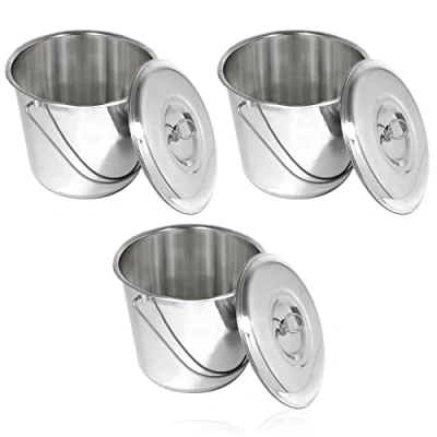Image of SPARES2GO 12 Litre Stainless Steel Metal Bucket Handled Pail with Lid for Bar Cellar Catering Food Kitchen (Silver, Pack of 3)