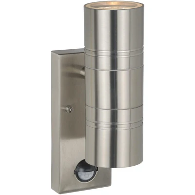 Image of Arne LED Modern Up Down Wall Spotlight Outdoor, PIR Sensor Ø 6,3cm GU10 2x5W 2700K IP44 Satin Chrome