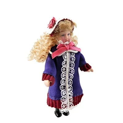 Image of Melody Jane Dolls House Victorian Little Girl in Purple Dress Coat 1:12 Porcelain People