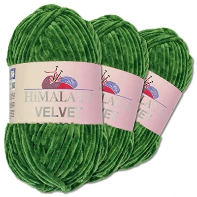 Image of Wohnkult Himalaya 3 x 100 g Velvet Dolphin Wool, 40 Colours to Choose From, Chenille Knitting Yarn, Fleece Shiny Accessory, Clothing, Blankets (90060 Green)