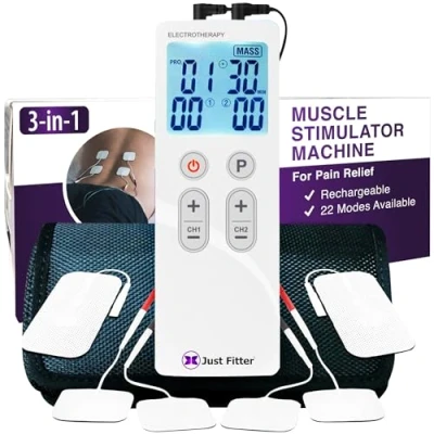 Image of Tens Unit Muscle Stimulator Machine for Pain Relief &amp; Therapy Management. Rechargeable Electrotherapy Device. Dual Electrode Channel Pulse Electronic Massager.