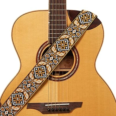 Image of AMUMU Floral Embroidery Cotton Guitar Strap with Genuine Leather Ends, Orange, 5