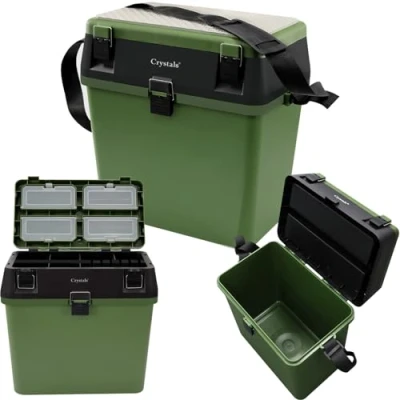 Image of Crystals Fishing Tackle Box with Padded Seat &amp; Straps, Lure Box, Bucket Storage Trays, Organizer Case Boxes Containers, for Vest Casting Fly Green/Black