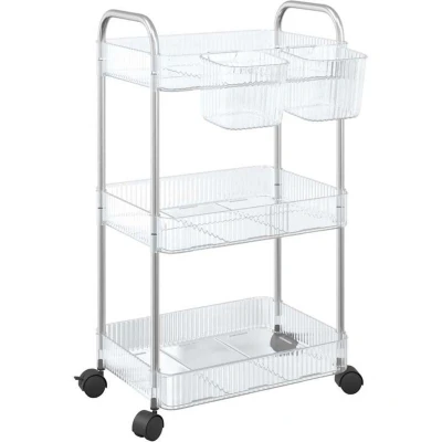 Image of vidaXL Storage Trolley 3 Tier Acrylic Cart 37x28x68 cm Kitchen/Bathroom/Office Organizer with Wheels