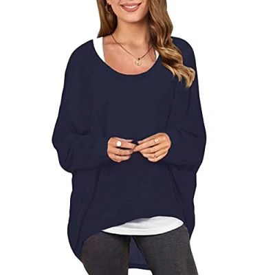 Image of ZANZEA Sexy Women Loose Solid Irregular Long Sleeve Baggy Jumper Casual Tops Blouse T Shirt Navy XL