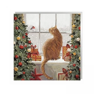 Image of Charity Christmas Cards A Special Visit Cat on Festive Windowsill with Flitter Details Eco Friendly &amp; Recyclable Pack of 6 By Artbeat