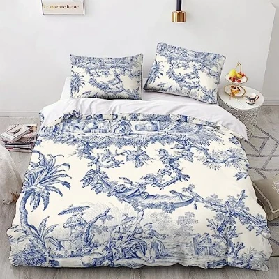 Image of LENTLY Motif of Toile De JouyDuvet Cover Set 3D Bedding Decorative Microfiber Polyester Comforter with Pillow Shams, Zipper, 3 Piece Quilt Double（200x200cm）