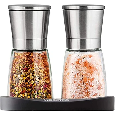 Image of Modetro Salt and Pepper Grinder Set 2 Stainless Steel, Easy Fill Mills w/Adjustable Coarseness, Lids &amp; Silicon Stand