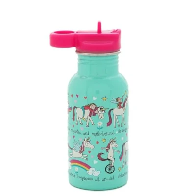 Image of Tyrrell Katz Kids Unicorns Printed Drinking Bottle in Stainless Steel with Straw Dishwasher Safe Girls School Water Flask 400 ml