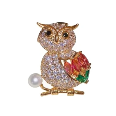 Image of Cute Owl Rhinestone Brooch Pin Vintage Elegant Women Lapel Pearl Bird Crystal Brooches Animal Corsage Clothes Dress Decoration Gift