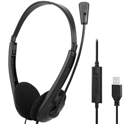 Image of USB PC Headsets with Microphone Noise Cancelling Mic &amp; Audio Controls, Wired Stereo Computer Headphone Adjustable Headband Headset Earphone for Office, Online Conference