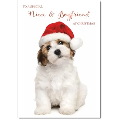 Image of doodlecards Niece and Boyfriend Christmas Card Dog Santa Hat Medium Size for &amp; with Plain Envelope