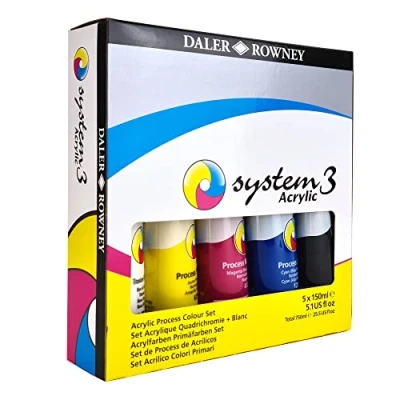 Image of Daler Rowney System3 150ml Acrylic Paint Process Set, 5 x Assorted Vibrant Colours, Multi Surface, Ideal for Professional Artists &amp; Students
