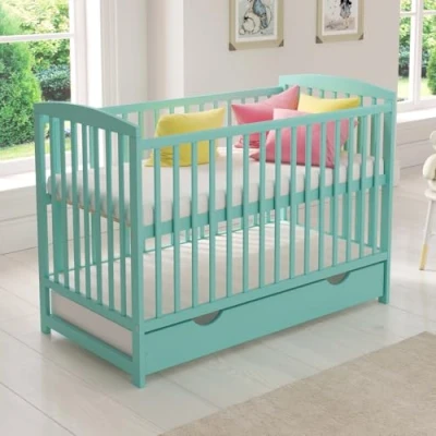 Image of Love For Sleep JACOB Wooden Baby Cot Bed 120x60cm with Covered Drawer, Safety Barrier &amp; Teething Rails (Mint)