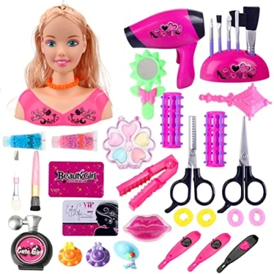 Image of Hiraith Make Up Head for Girls, Children&#039;s Hairdressing Doll Including Cosmetics and Accessories, Hair Dryer, Makeup Brush, Styling Role Play Girls