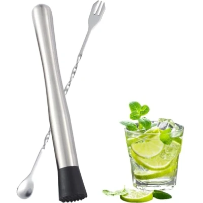 Image of Stainless Steel Cocktail Muddler,10 inch Muddler with 1 Mixing Spoon,for Making &amp; Creating Delicious Mojitos, Other Fruit Based Drinks Beverages in Various Containers