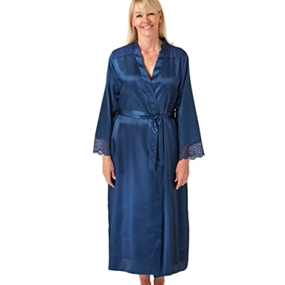 Image of Marlon Womens Elina Silky Satin &amp; Floral Lace Robe, Ocean Blue, 14 16
